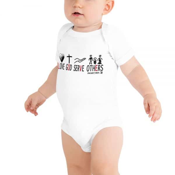 Love God Serve Others - Baby Onsie in white and different sizes.