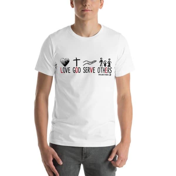 Short-Sleeve Unisex T-Shirt with different sizes in white.