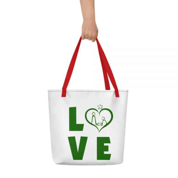 White and red/black polyester bag with LOVE slogan on top
